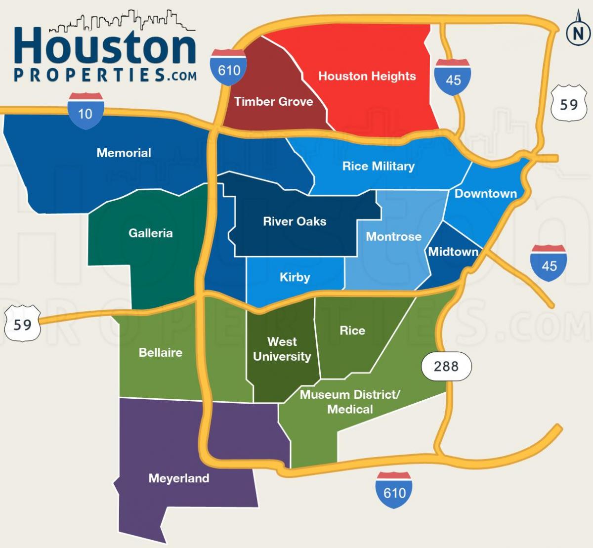 kort af Houston hverfum